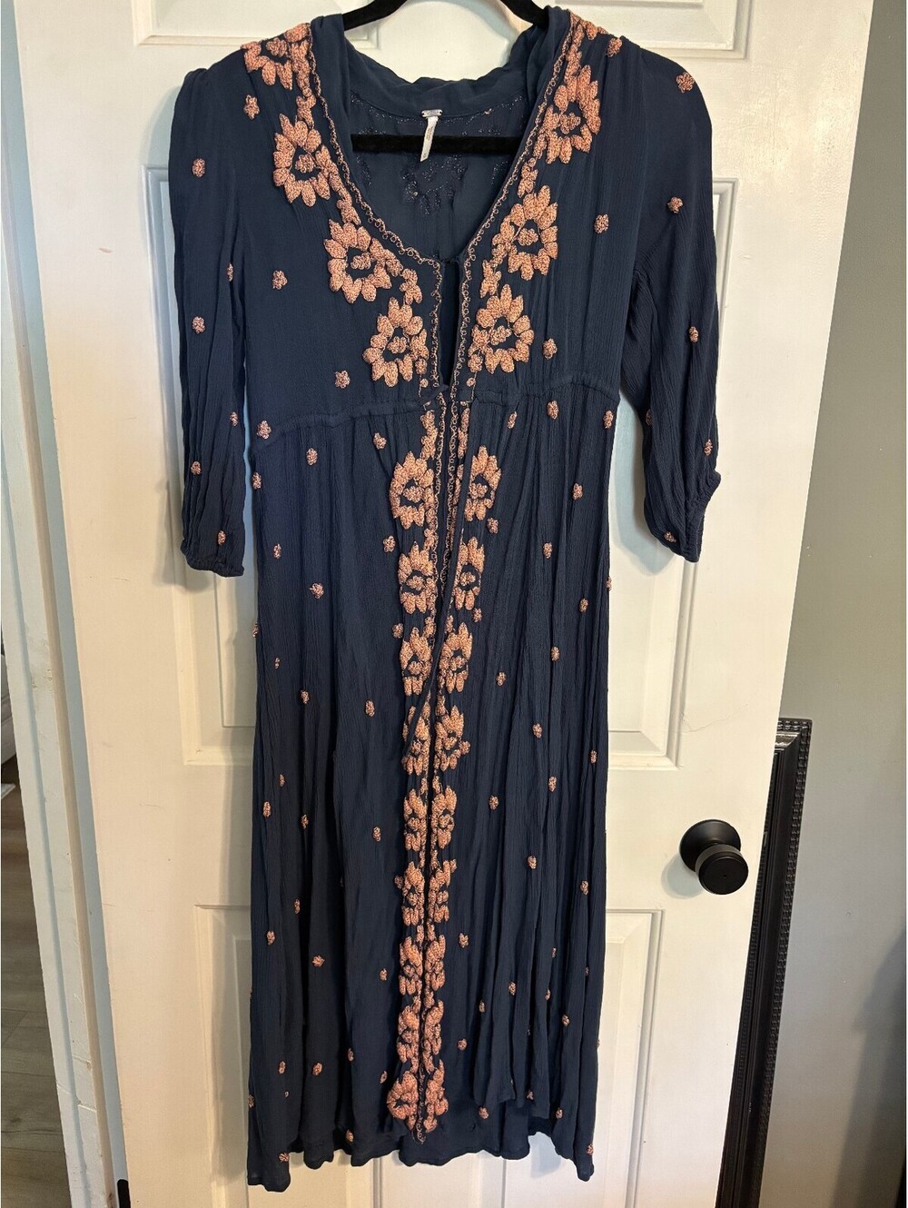 Free People Navy Blue Embroidered Boho Midi Maxi Dress Size M